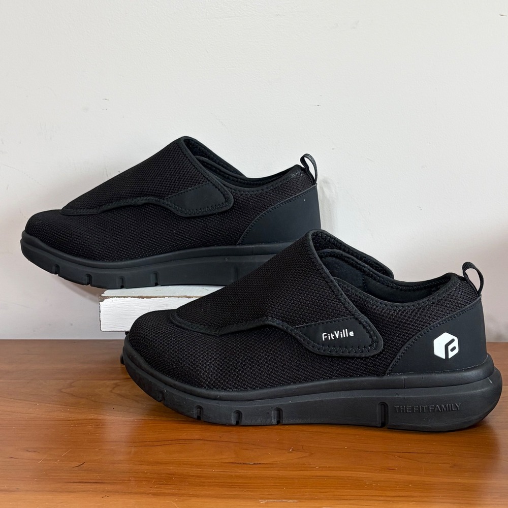 FitVille Recovery Power Mens Walking Shoes Black Wide Width Sneakers Size 12.5